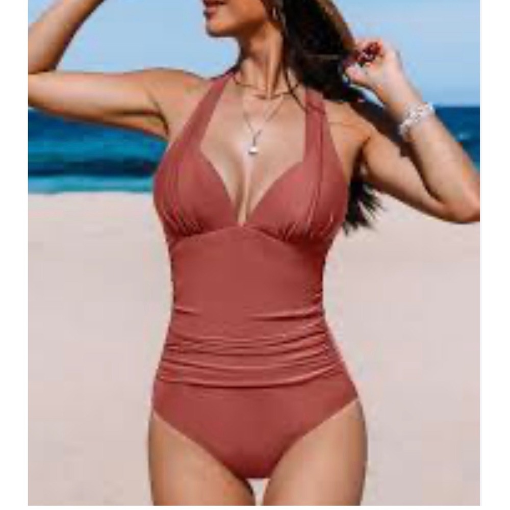 Cupshe Womens Ruched Halter One Piece Swimsuit Terracotta Orange ASL0103YB M
